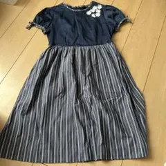 ネイビー ストライプ 花モチーフ ワンピース 140