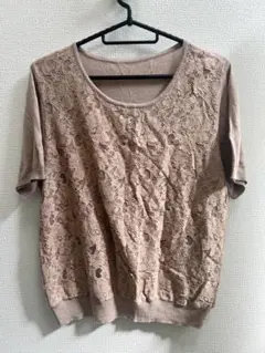 106 ニット　ピンクベージュ レース LLサイズ