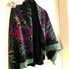 【大判ストール】トロピカル植物柄 ショール ボタニカル柄 緑×紫×黒