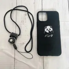 パンダデザイン iPhoneケース ブラック ストラップ付き