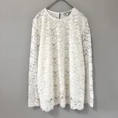 ◉LA REDOUTE　クルーネックレースカットソー　白　透け感　長袖　Ｌ