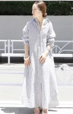 Plage グレー×白 ストライプリネンシャツワンピース　size38