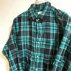 送料無料　ヴィンテージ　チェック柄シャツ　長袖　グリーン　L メンズ　古着