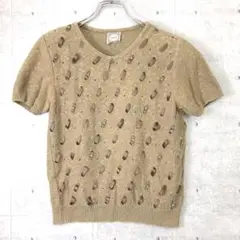 tomatsu 古着 サテンリボン クリアビーズ刺繍 麻混 半袖ニットップス