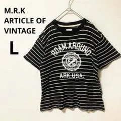 美品 古着 ヴィンテージ L ワッフル地 ボーダー ロゴTシャツ　半袖　ブラック