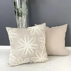 2枚セット 花柄刺繍 可愛いクッションカバー 45cm ナチュラル ベージュ