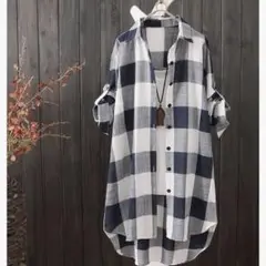 シャツ チェック柄 レディース トップス L ゆったり 体型カバー　ネイビー