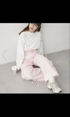 wcloset ダブルクローゼット 裾リボンワイドデニムパンツ ピンク S