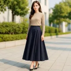 ESTNATION タフタ フレアロングスカート 上品 ネイビー 通勤