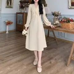 【人気商品】　アプリコット　無地　ワンピース　ひざ丈　春　デート　学生　韓国　L