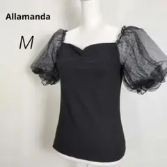 c7067【アラマンダ】新品タグ付 半袖 リブカットソー M 黒 ボリューム袖