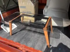 GYP0818 ガラステーブル 小型　木製ガラス天板