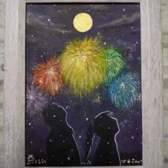 【匿名配送】絵画　「夏祭り」　2Lサイズ額つき。