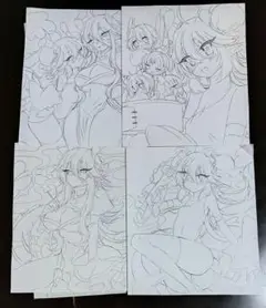 E：手描きイラスト　オリジナル　原画　チャイナ　アナログ　4枚セット