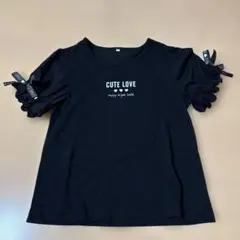 ブラック 袖リボン付きTシャツ 160