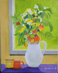 #1600 「ほおずきのある静物」F3サイズ、アクリル画、原画、花の絵、絵画