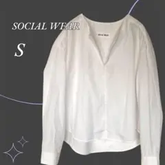 SOCIAL WEAR／ノーカラーシャツ 七分袖 無地 白
