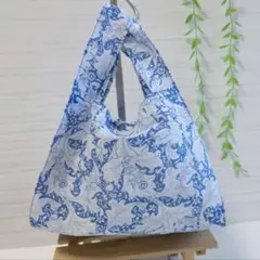 手ぬぐい生地のコンビニエコバッグ 大柄 花柄 ブルー お弁当やお惣菜に