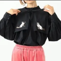 mmts マミタス　猫刺繍襟 ボリューム ブラウス ブラック サイズFree