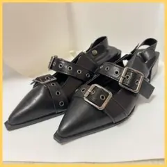 美品✨ベルト付ローヒール ミュール パンプス 黒 ブラック 24cm