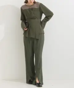 terraceラップ長袖チュニックブラウス＋センターピンタックパンツ 2点セット