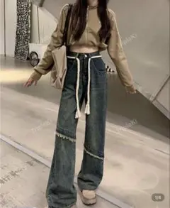 ハイウエスト ワイドレッグ デニムパンツ