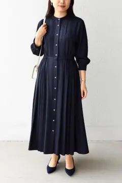 極美品✨シップス　美シルエットワンピース　バンドカラー　ピンタック　プリーツ