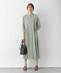 【グローバルワーク】ロングシャツワンピース　七分袖　麻混　リネン　バンドカラー