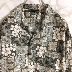 【ハワイ製】パネル調　花柄　ボタニカル　コットンアロハシャツ　グレー　Ｌ
