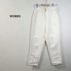 ワークス　パンツ　ホワイト ダメージ加工 ハイウエストパンツ　カジュアル