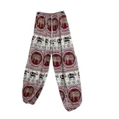 【赤系・象柄】タイパンツ フィッシャーマンパンツ FREE SIZE 新品