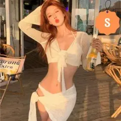 4点セット S ビキニ＋長袖カバーアップ＋パレオ 体型カバー 白 セクシー