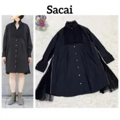 極美品 Sacai サイドプリーツ ドッキングシャツワンピース ブラック 2