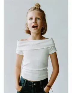 ZARA kids スタッズオフショルダーTシャツ　ホワイト