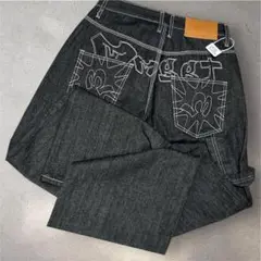 M バギーデニム 刺繍 ワイド ジーンズ デニム 黒 ブラック アメリカン