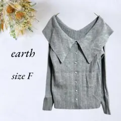 earth 長袖リブトップス F グレー ビックカラー2wayパール3343
