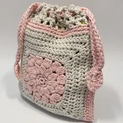 【花模様 ミニ巾着袋】ハンドメイド編み物 小物入れ ピンク