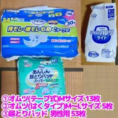 テープ式オムツ13枚+はくオムツ5枚+尿取りパッド53枚 男性用Mサイズ