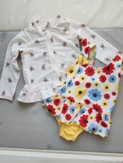 90サイズ 花柄水着とくま柄ラッシュガードセット