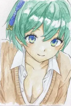 手描きイラスト 女の子 制服 谷間 高校生 ショートヘア