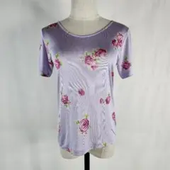 良品 シルク100% 花柄Tシャツ バラ柄 半袖カットソー 絹 M
