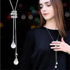 v72大人気☆3連チャームシルバーパールロングネックレスペンダント240