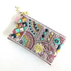 インド刺繍リボン ◎フェイクレザー◎フラットミニポーチ