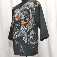 【希少】花旅楽団 和柄 七分袖ダボシャツ 黒 龍刺繍　XL