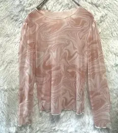 【Dazy 】ピンクマーブル模様 長袖Tシャツ シアーシースルー／Sサイズ