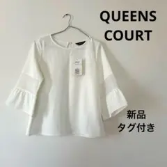 クイーンズコート　七分袖　メッシュ切替袖　フレアブラウス　カットソー