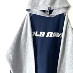OLDNAVYオールドネイビー 刺繍フリースパーカー2XLグレ ーネイビー古着