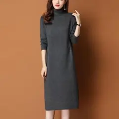 【チャコールグレー・ワンサイズ】ニット ワンピース ハイネック ひざ丈 韓国