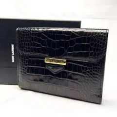 極美品 イヴサンローラン 二つ折り財布 クロコ型押し ブラック レザー