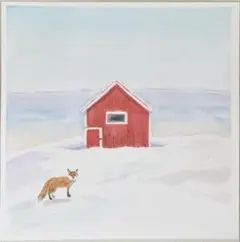 水彩画　赤い小屋ときつね